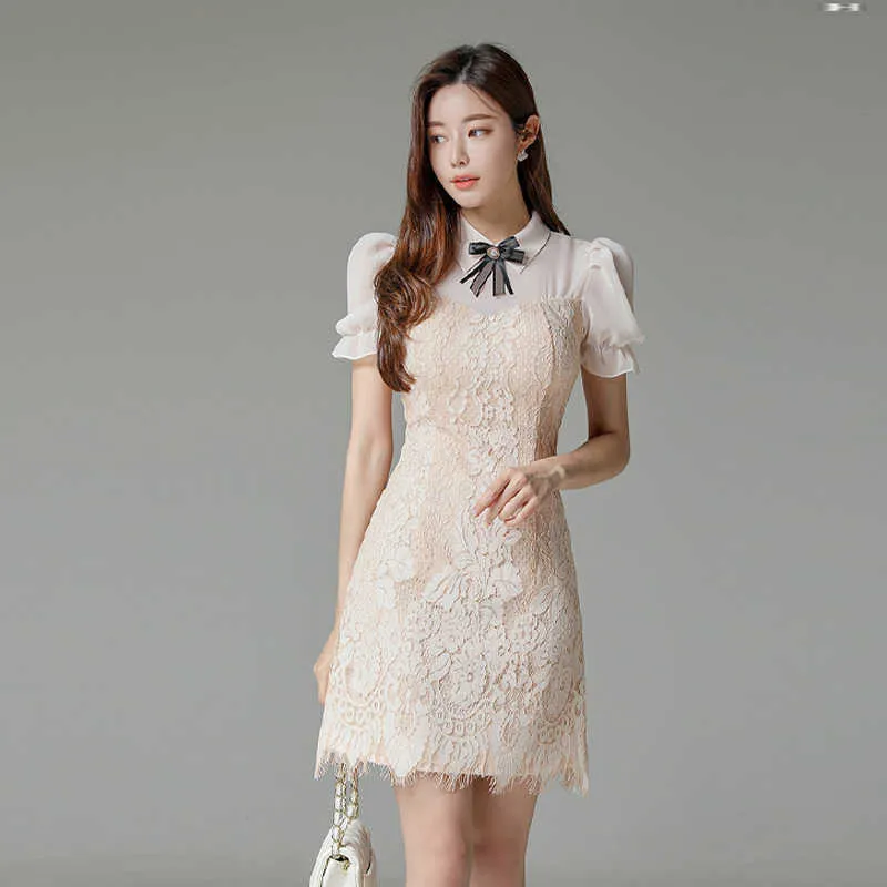 Été femmes robe manches bouffantes Patchwork maille haut de gamme coréen arc gaine dentelle robes 210529
