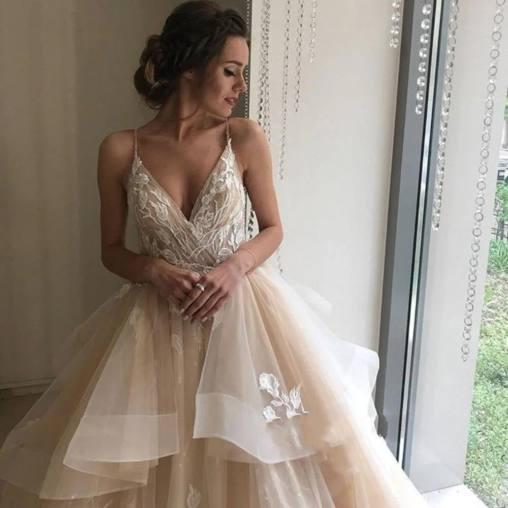tiered tulle wedding dress Princess Ballgown Ivory Lace Tulle Wedding Dresses