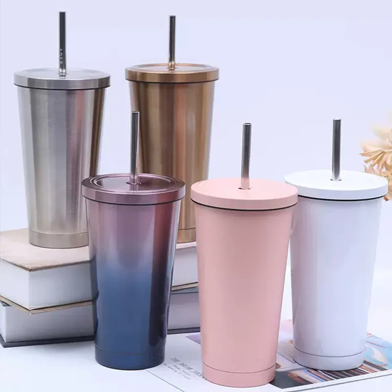 500ml Stainless Steel Tumbler Insulated Coffee Cup Travel Mug With Straw