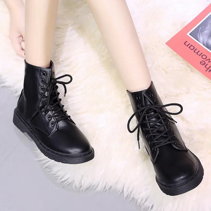 2022 Black Platform Combat Ankle Boots For Women Lace Up Buckle Strap Woman Shoes Winter Biker Boots Big Size 40