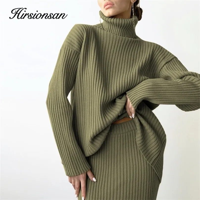 Hirsions-eleganta stickade uppsättningar Kvinnor Casual Two Pieces Turtle Neck Sweater och Midi Skirt Kvinna Varma kostymer med 220302