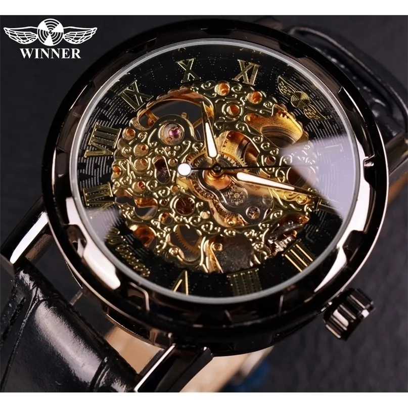 Winnaar Zwarte Goud Mannelijke Klok Mannen Relog Skeleton S Horloges Topmerk Luxe Montre Lederen Horloge Mechanisch Horloge 220302