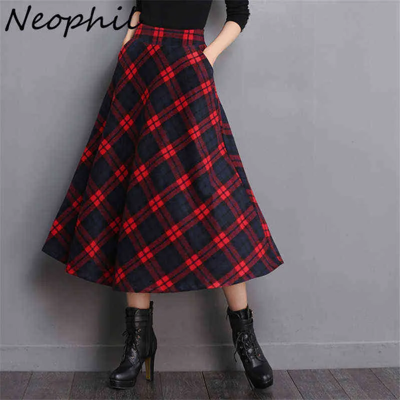 Neophil England Style Red Plaid High midja Lång ull XXL A-linje vinterkvinnor fickor chic maxi tartan kjolar s1735 211120