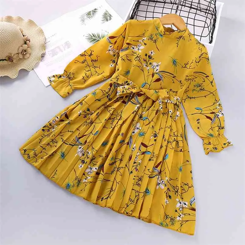 Filles Robe Européenne Et Américaine Automne Floral Plissée Dessiner Princesse Enfants Bébé Enfants Vêtements 3-7 Y 210625