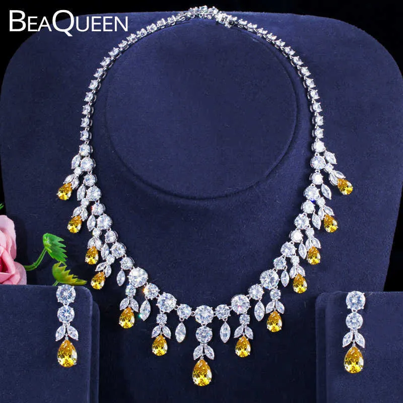 BEAQUEEN Luksusowy Afryki Cyrkonia Koraliki Zestaw Biżuterii Nigerii Ślubny Żółty Biżuteria Bridal Zestawy dla kobiet JS091 H1022