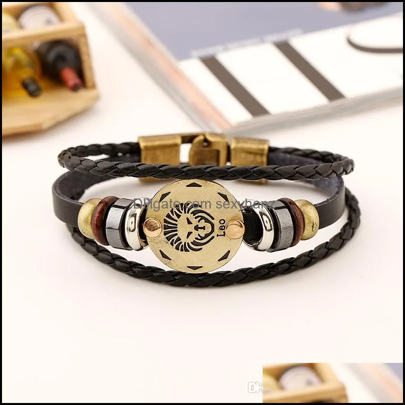 New fashion bracelets Twelve Constellation genuiue Leather Bracelets Jewelry wholesale mix