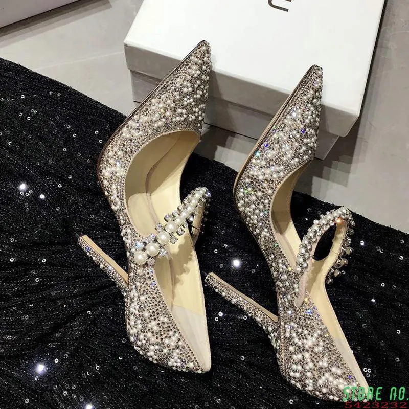 Klänning Skor Varumärke Kvinnor Rhinestone Pumpar Pekad Toe Heel String Bead Bröllop Elegant Design Högklackat Ladies