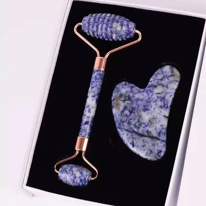 Sawtooth Roller Neck Shoulder Massager Natural Sodalite Facial Roller Gua Sha Massage Tool Set Beauty Healing Health Care Relaxing Gift