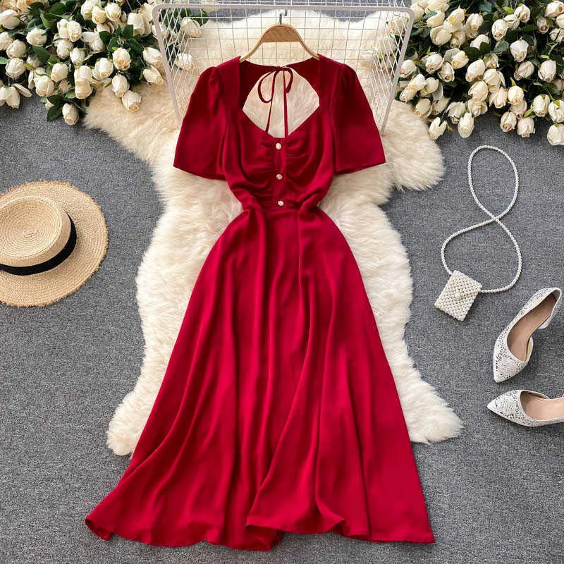 Летний красный / синий / белый полый женский платье сексуальный квадратный воротник с коротким рукавом высокая талия A-Line повседневные Vestidos женский 2021 новый Y0603