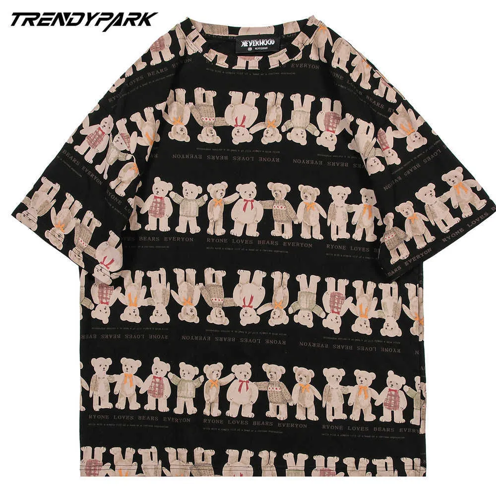 Хип-хоп Streetwear футболка медведи в линии печать футболки мужские хараджуку хлопок лето с коротким рукавом футболка повседневная рубашка черный 210601