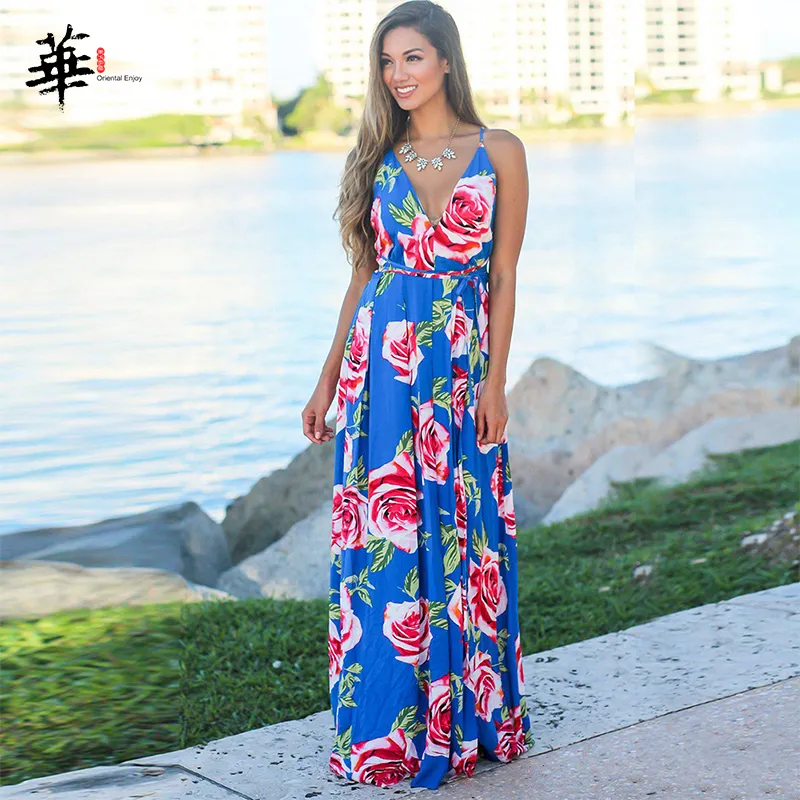 Bidobibo Womens Bohemian Summer Maxi Dress: Tropical Print V
