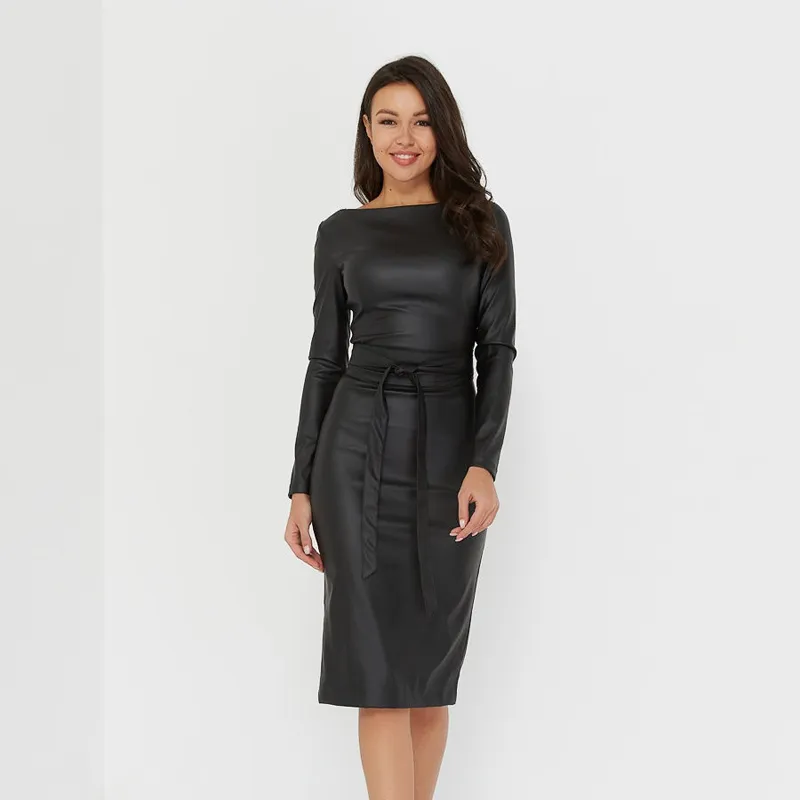 long sleeve leather bodycon dress Black Matte Leather Mini Dress Women Bodycon PU Long Sleeve Dress Party  Sexy