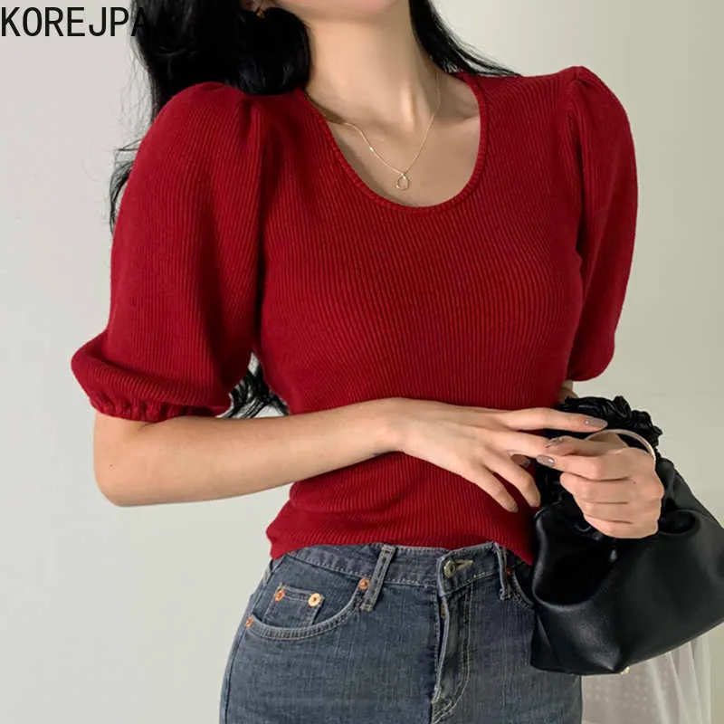 Korejpaa Girl T-Shirt Summer Korea Chic Temperament All-Match Slimming U-Neck Pit Strip Solid Color Puff Sleeve Knitted Top 210526