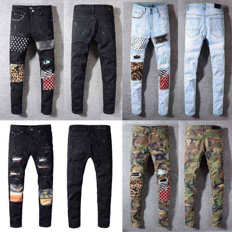 Klassiska kläder jeans för män och kvinnor med högkvalitativ tryckning Armé Green Leopard Print Destruction Mäns raka slitna hip-hop