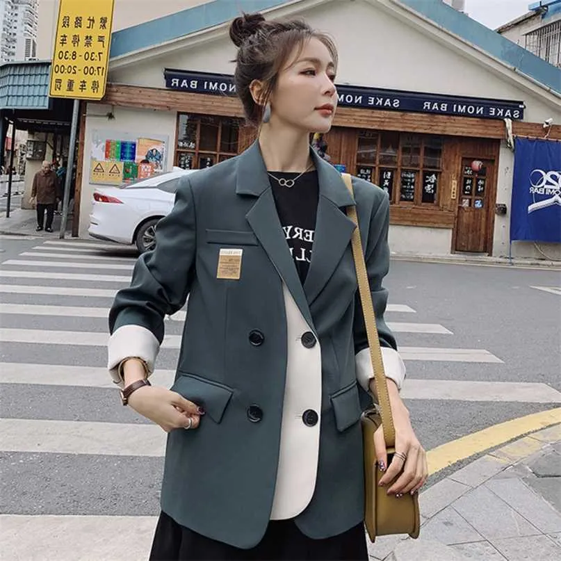 [EWQ] Осень женский офис леди зарезанный воротник с длинными рукавами Одиночные погружные пэчворки зеленый минималистский пиджак пальто 8P088 211019