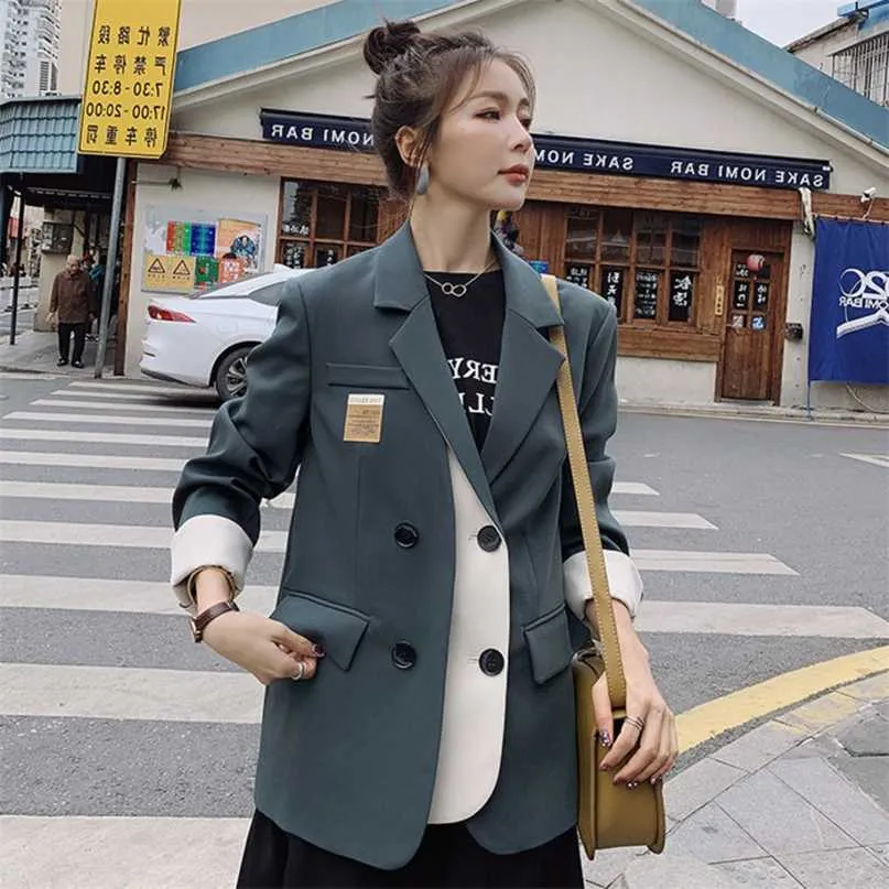 [EWQ] Höst Kvinna Kontor Lady Notched Collar Långärmad Single Breasted Patchwork Green Minimalistisk Blazer Coat 8p088 211019