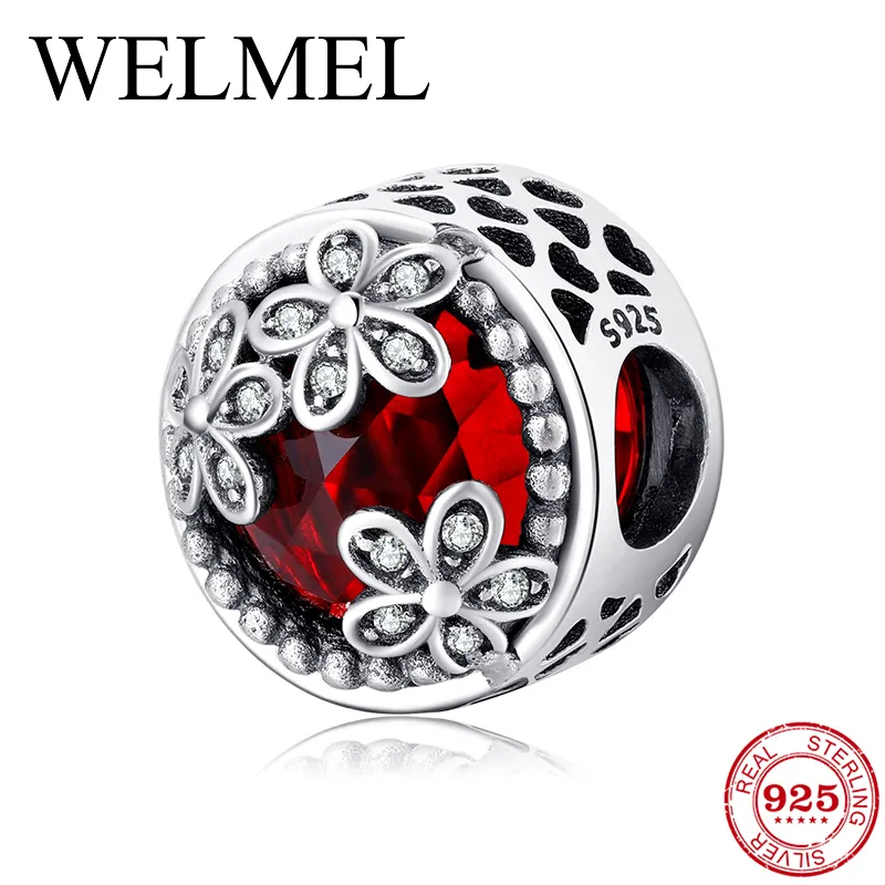 Mode 925 sterling silver ihålig hjärta tre blommor djupa röda cz pärlor passar original europeisk charmband smycken gör Q0531