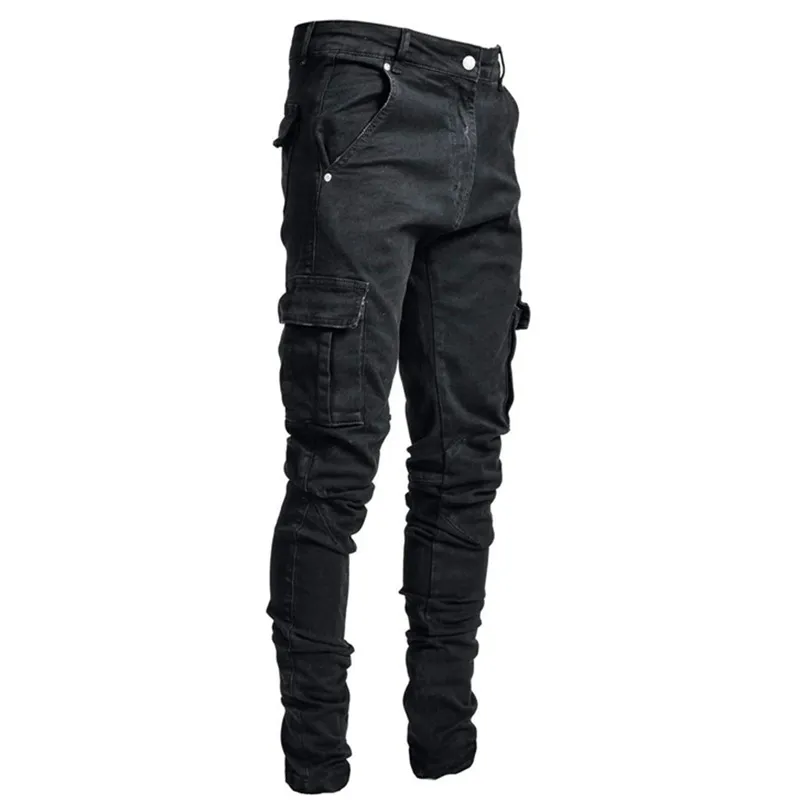 Jeans homme pantalon décontracté coton Denim pantalon Multi poche Cargo hommes mode Style crayon poches latérales 298G