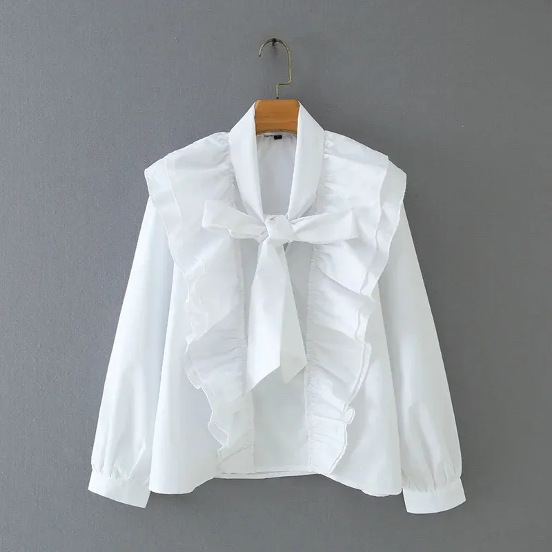 White Ruffle V Neck Bow ruffle bow tie blouse for Women Long Sleeve Casual Top with Cascading Detailing S8089 210225