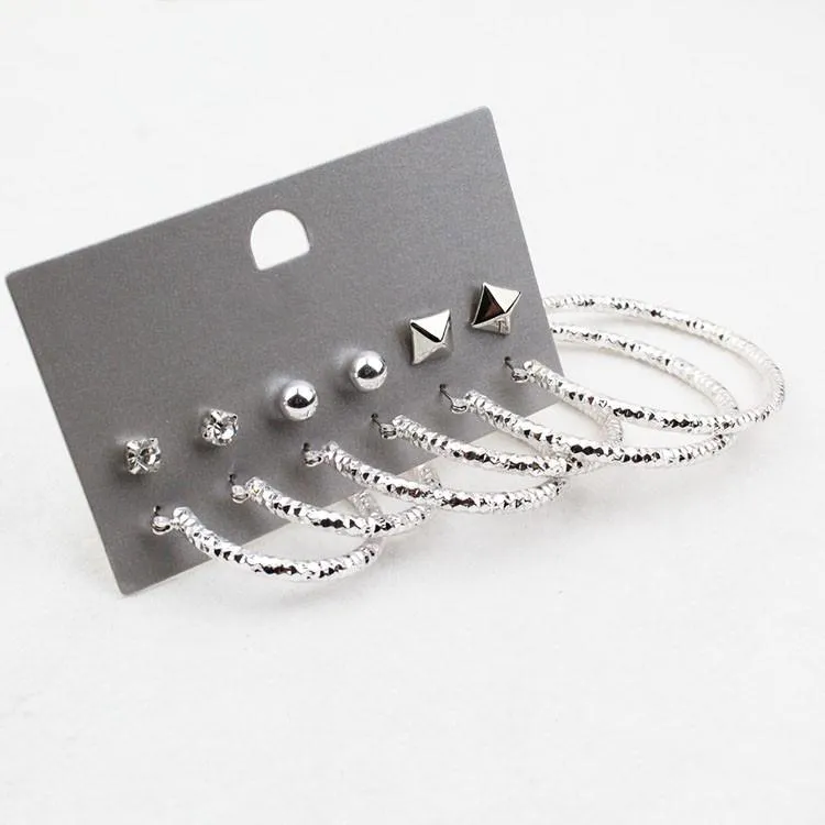 Hoop Huggie 6 Par/Lot Silver Color Hoops örhängen Set för kvinnor Geometriska punkörören Big Circle Wholesale Party Brinco Jewellery