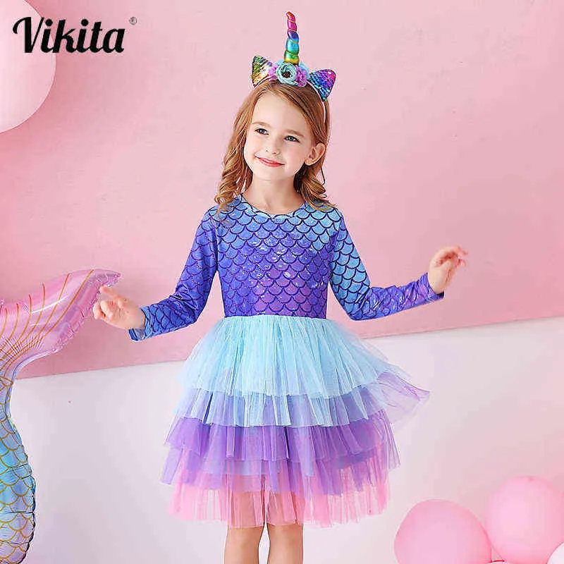 Vikita Tutu платье для девочек с длинным рукавом ребенка девочек мультфильм принцесса вечеринка Vestidos детские сетки платье для девушки костюмы G1129