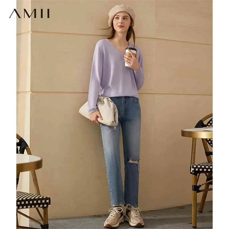 Minimalism Winter Simple Women's Sweater Fashion 100%wool Solid Vneck Loose Female Pullover Tops Coat Women 12041046 210527