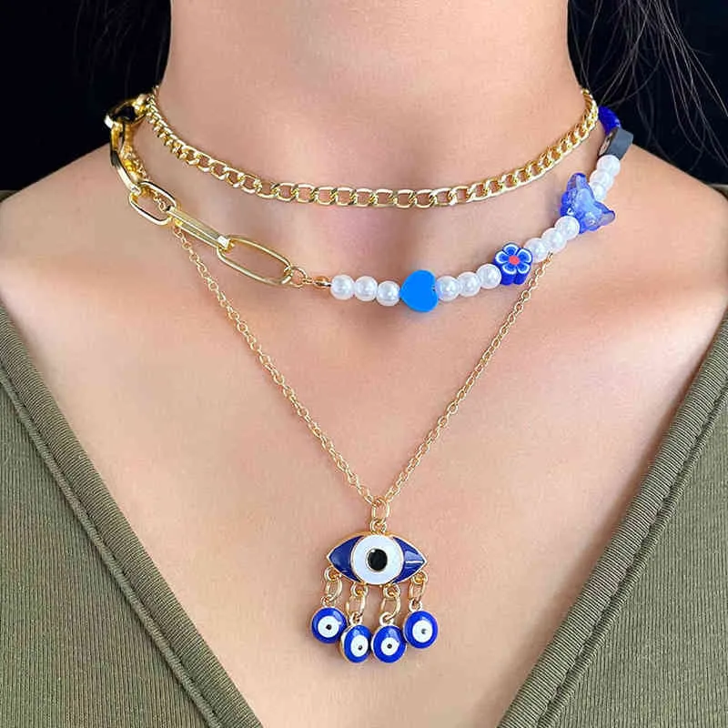 Boho Turkiska Evil Eye Beaded Necklace för kvinnor Asymmetry Pearl Choker Multilayer Halsband Y2K Mode Smycken 2022 Ny trend G1206
