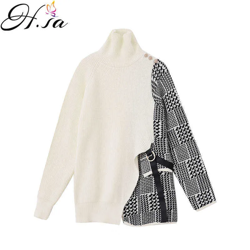 H.SA Winter Sweater Belt Pull Jumers Korean Style Women Winter Turtleneck Sweater Pullovers Black White Patchwork Houndstooth 210716
