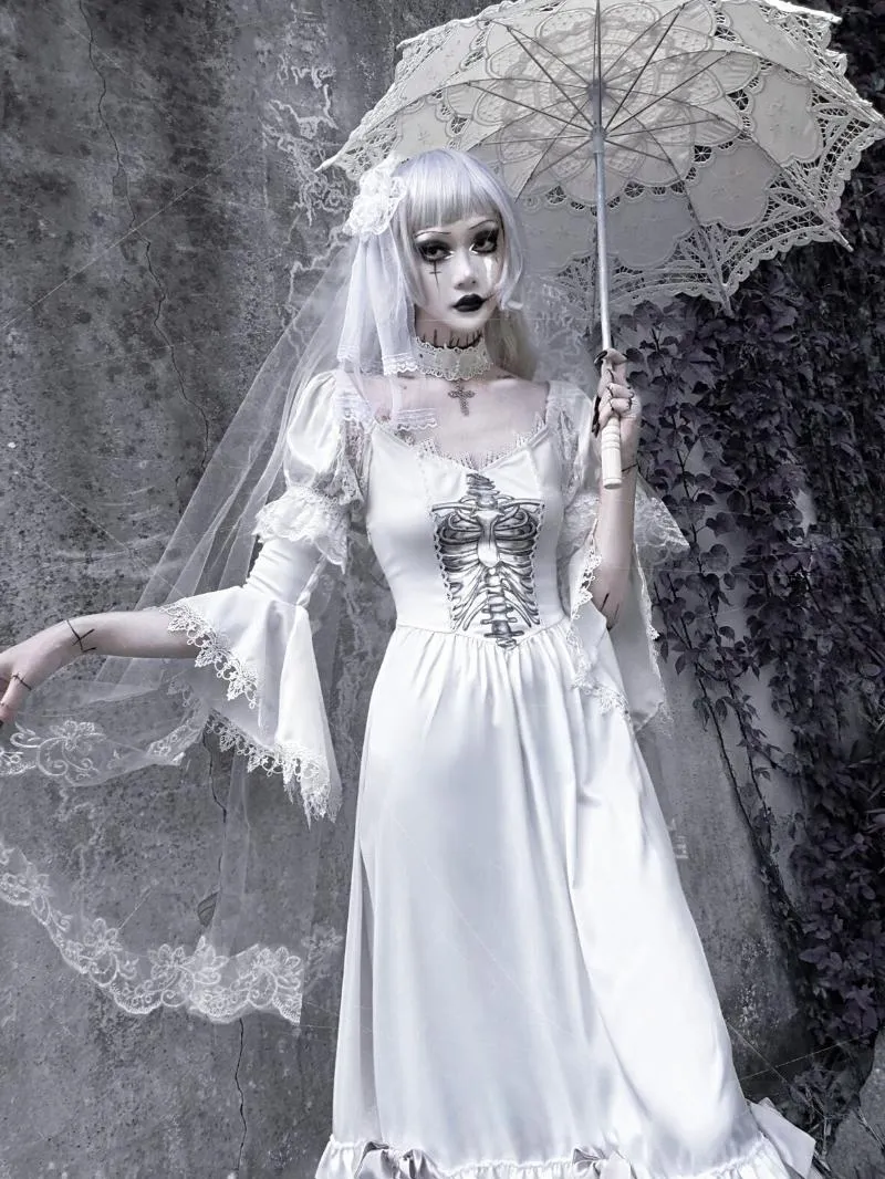 Casual Dresses Blood Supply Original Design Sad Bride White Gothic Satin Dress Sleeve Lolita Holloween Mid Long Ruffled Vestidos