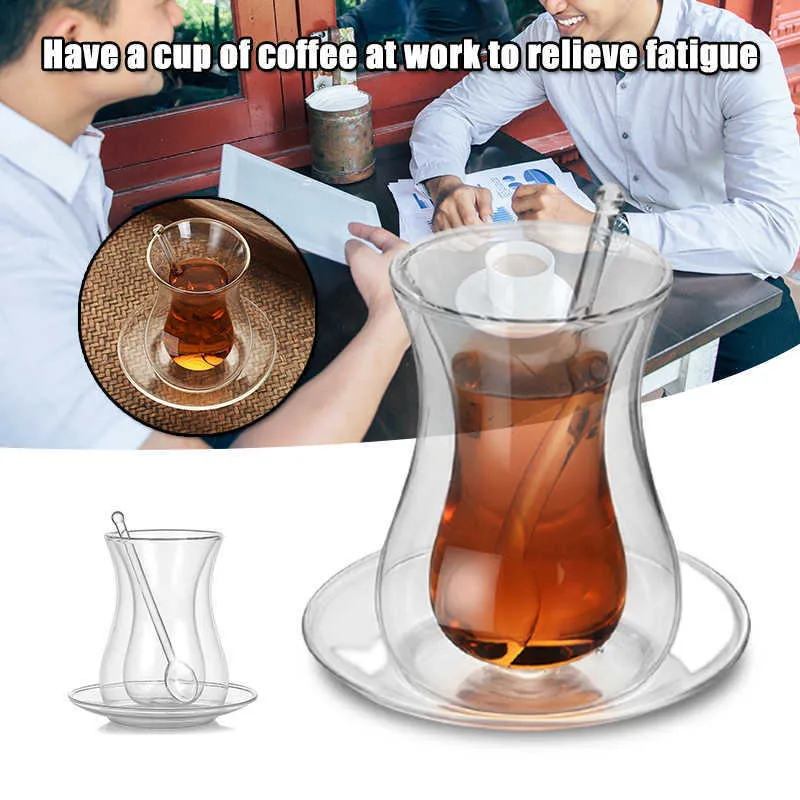 二重層ガラスのコーヒーカップセット絶縁透明な紅茶カップ家庭用ティーカップガラススプーン付きソーサー210611