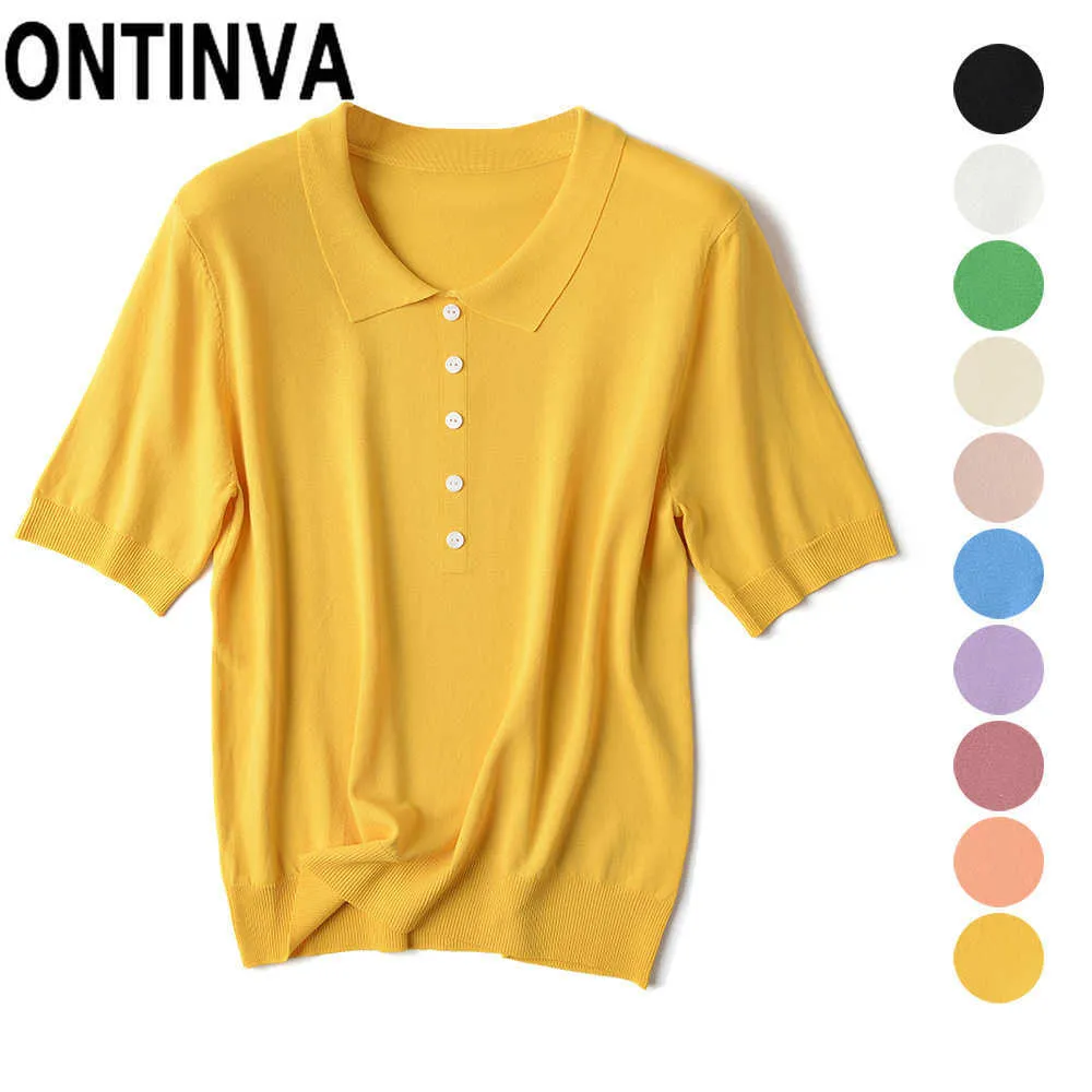 半袖夏の黄色いニットトップジャンパーニットのシャツカラースタイルの秋のファッション弾性白緑のプルオーバー210527