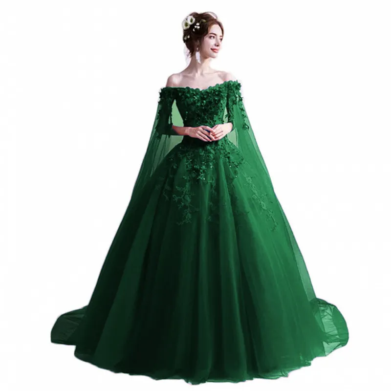 2021 Eleganta Green Appliques Flowers Bateau Ball Gown Quinceanera Klänningar Tulle Sweet 16 Debutante Prom Party Dress Custom Made 45