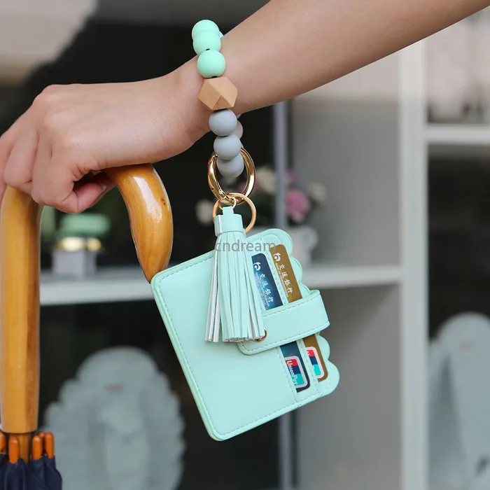 Leather Card Bag Tassel Charm Bracelets Silicone Bead Wristband Cuff Wallet Keychain for Women Children Fashion jewelry