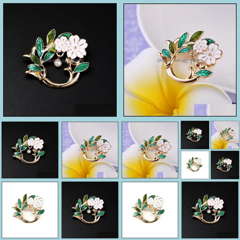 Pins, Brooches European And American Jewelry Autumn Winter Flowers Olive Green Leaves Pearl Brooch Wholesale