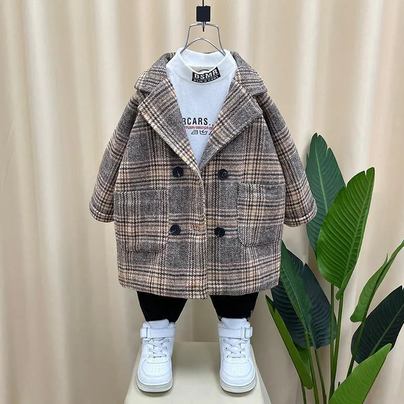 Jackor Barnkläder Outfits Baby Boys Plaid Woolen Långrockar Höst Vinter Bomull Polded Tjock Varma Överrockar Kids