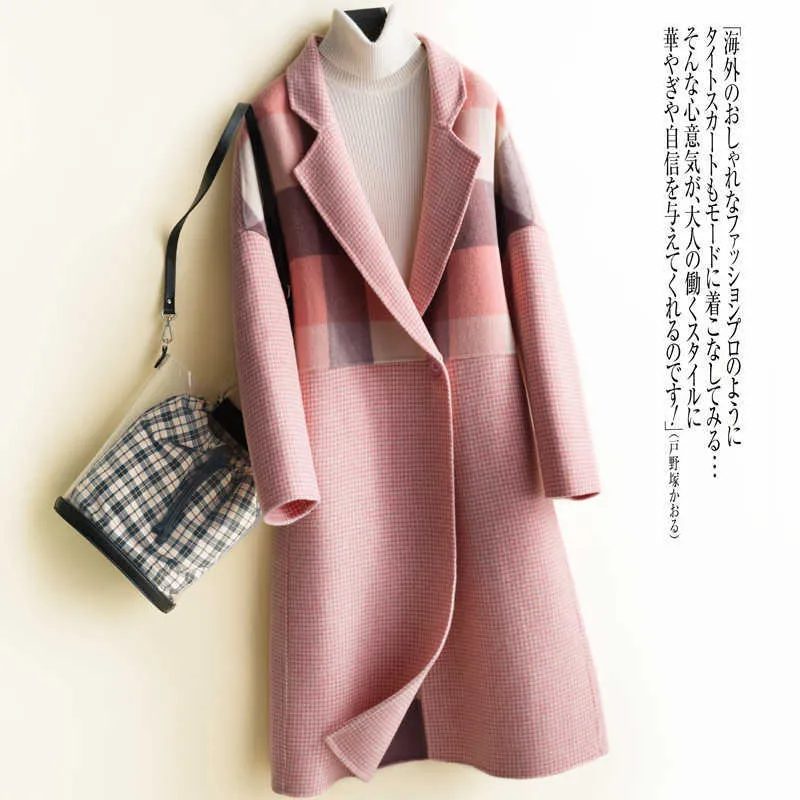 Kvinnor Plaid Wool Coat Korean Fashion Casual Plus Storlek Houndstooth Långärmad One Button Korean Winter Woolen Outwear 210930