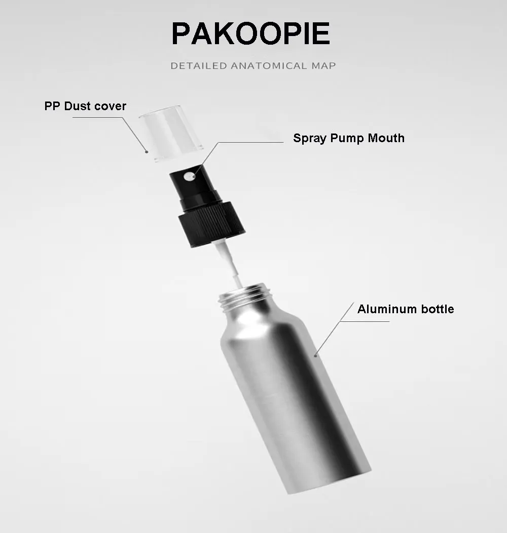 Pakoopie Aluminium Portable Spray Bouteilles Parfum Sunscreen Salon Jardinage Huile essentielle Bouteille d'emballage durable rechargeable 30ml 50 ml 100 ml 120ml 150ml 250ml 250ml