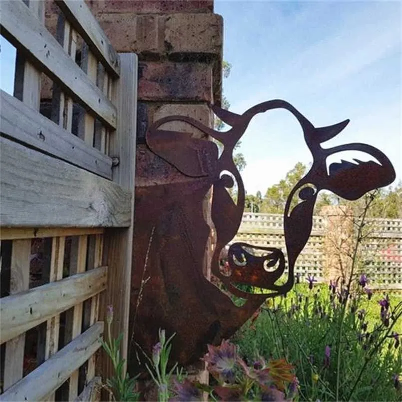 Farm Peeping Cow Metal Art Silhouettes Garden Decoration Home Outdoor Backyard Yard Tree Wall Miniature Pendant Ornaments Decor 211108