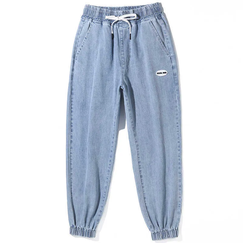 Hommes nouveau jeune ample décontracté Harem bleu clair jean couleur unie grande taille à lacets pantalon mode tendance pantacourt X0621