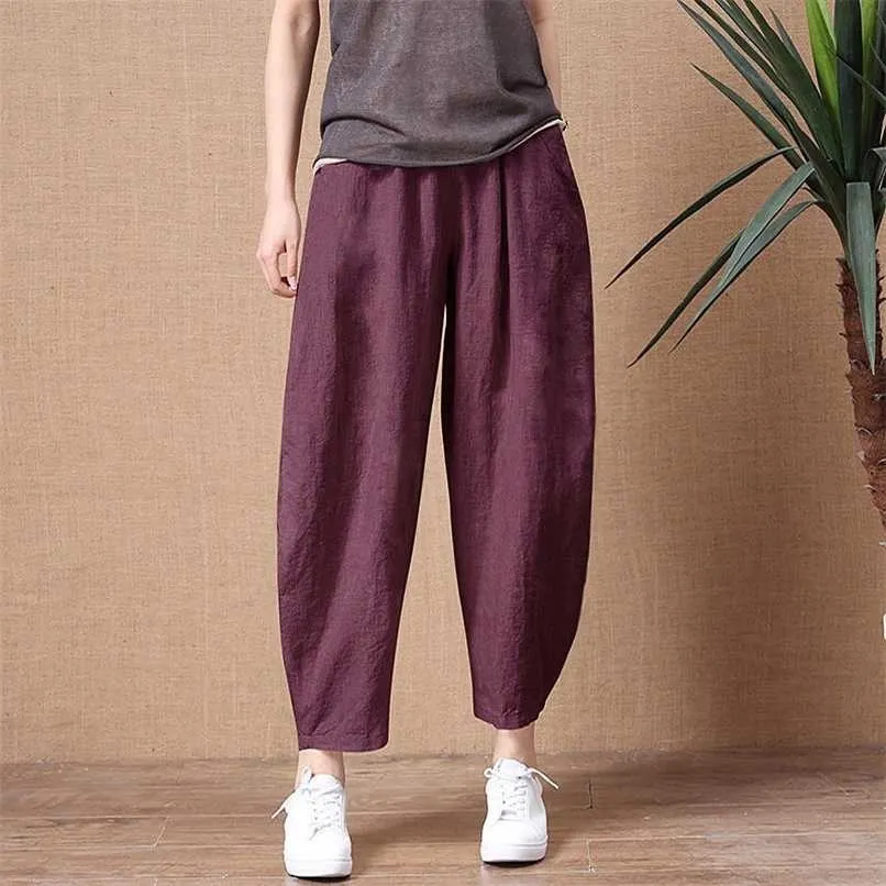 Shimai mulheres de algodão calças elásticas cintura vintage calças senhora solta casual s-2xl retro literário 211216