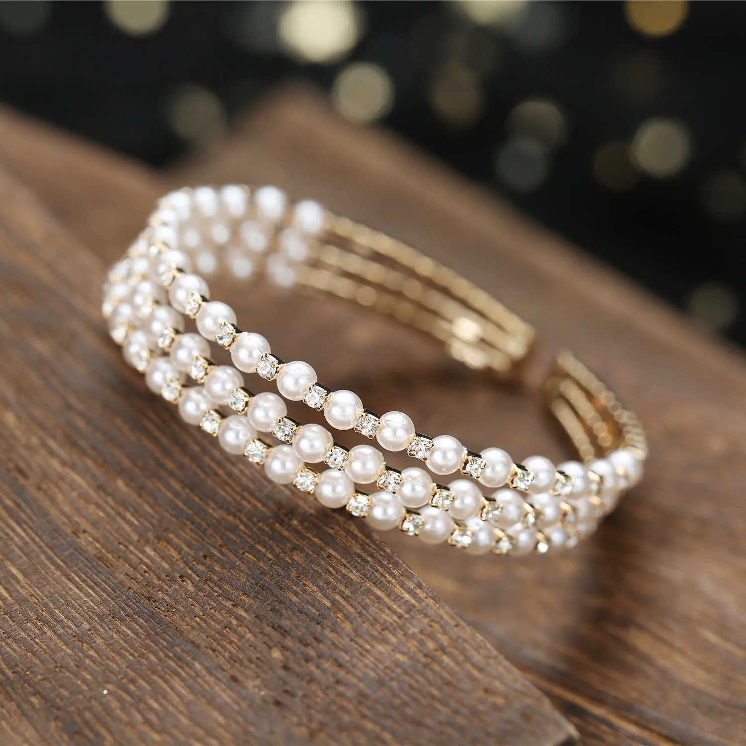 2021 Open Cuff Three Rows Pearl Bracelet Rhinestone Inlaid Adjustable for Best Friends Sisters Mother and Daughter Q0719