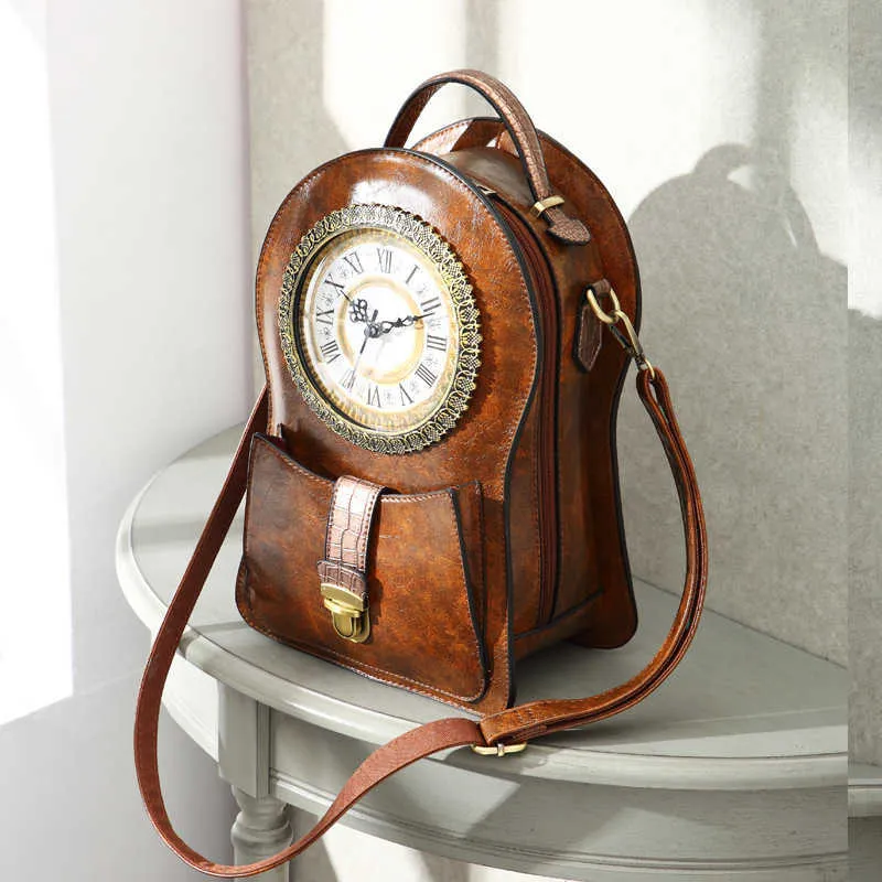 2020 Ny ryggsäck Kvinnors väska Creative Clock Bag Retro Shoulder Messenger Paket nr 5 Batteri Kan gå Lady Handväska Q0528