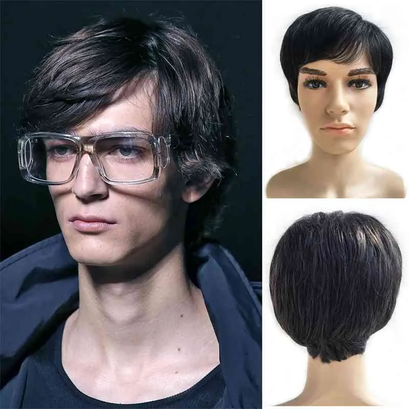 Short Men Straight Synthetic for Male Hair Fleeciness Realistic Natural Black Simulate Human Scalp Toupee Wigs199u