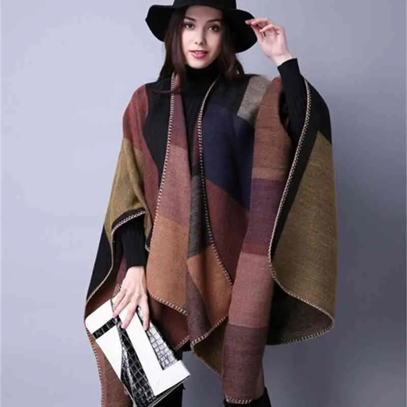 autumn winter scarf grid woman travel shawls wool spinning ladies National intensification cloak cape christmas party cappa