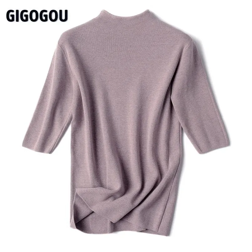 GIGOGOU Half Sleeve Women Turtleneck Sweater Autumn Spring Pullover Top Soft Female Jumper Black White Tight Sweaters Pull Femme 210917