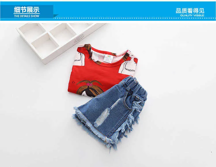 Girls Clothing Set O-neck Sleeveless Summer 2-10 Years Kids Girl Red Cartoon T Shirt+Denim Jeans Shorts 2 Pcs Suit Set (9)