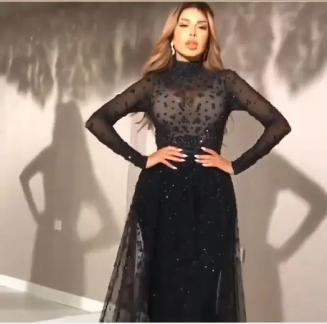 Robe de soirée femme tissu Col haut Manches longues Robe de bal Tulle Noir Robe longue Kim kardashian Kylie jenner Yousef aljasmi Festival de Cannes