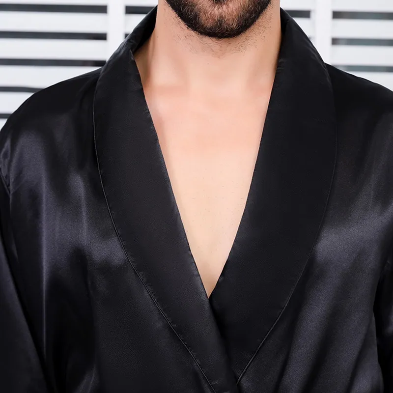 Schwarze Lounge-Nachtwäsche aus Seide, Nachtwäsche für Männer, bequeme seidige Bademäntel, edler Morgenmantel, Schlafmäntel für Männer, Plus_voghion.com