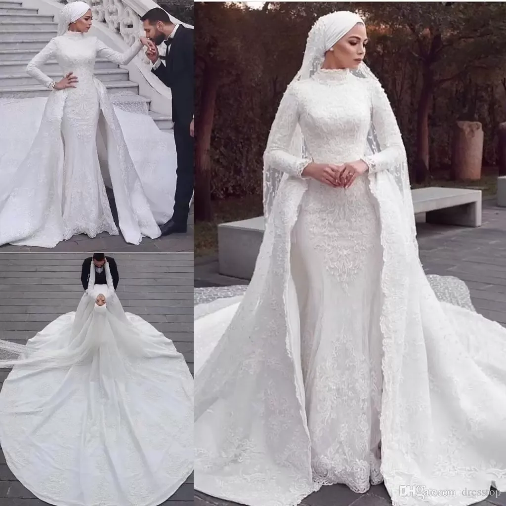 Dubaï sirène robes de mariée robe de mariée avec Ovrskirt dentelle appliques manches longues col haut sur mesure balayage train grande taille château robes De Novia 401 401