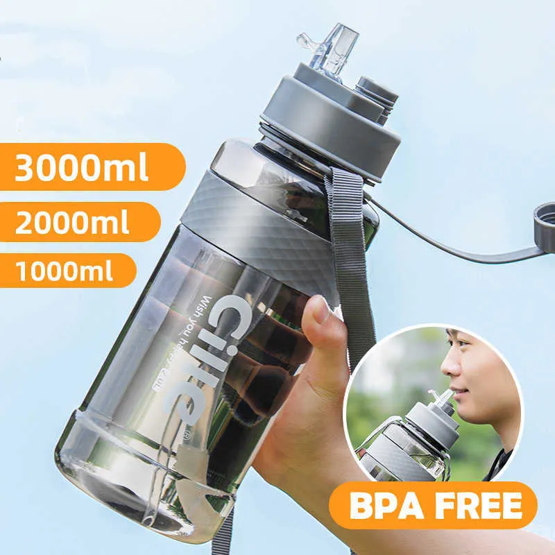 Двойной рот спортивный водяной бутылка BPA BPA свободный пить с соломой 1л 2л пластика для 210610